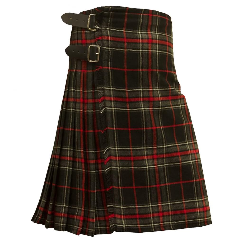 Traditional Spirit of Bruce Tartan Kilt, Black Red Plaid, 8-Yard, Acrylic Wool Blend, Leather Buckle Straps, Highland Dress (34 inches / 86 cm)