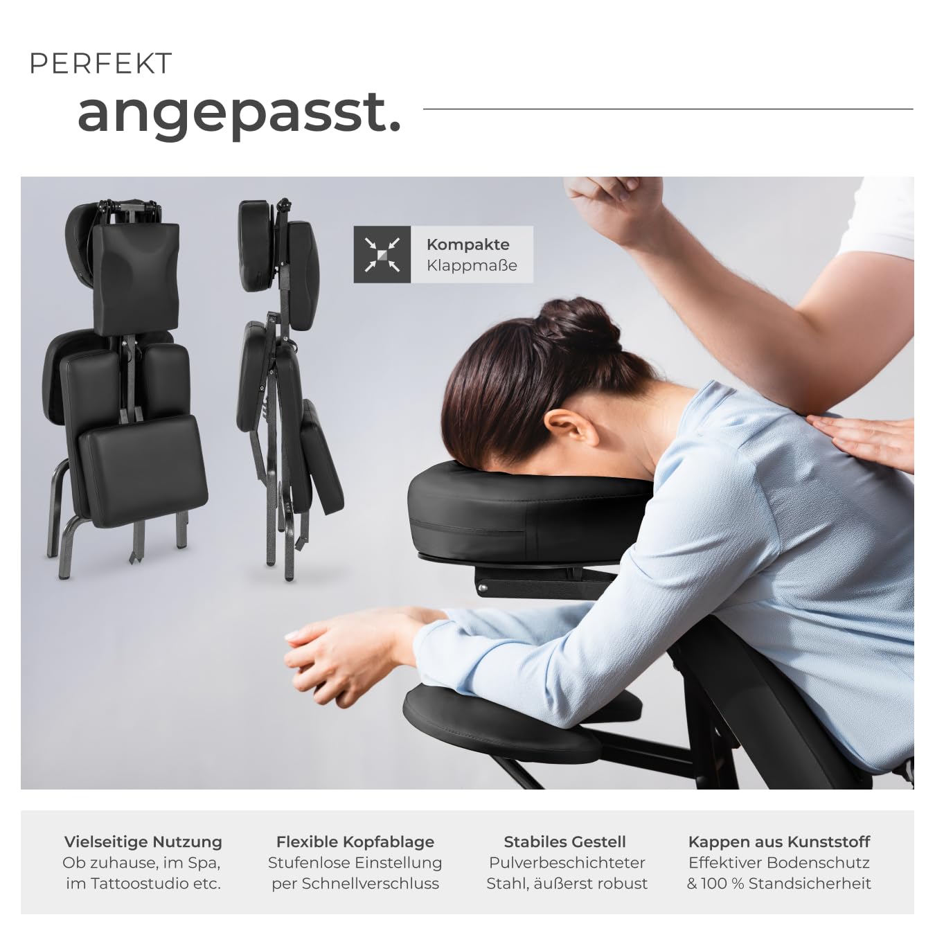 Tectake Massagestuhl klappbar ergonomischer Hocker ohne Armlehne mobil portabel Behandlungsliege zusammenklappbar mit Tragetasche schwarz