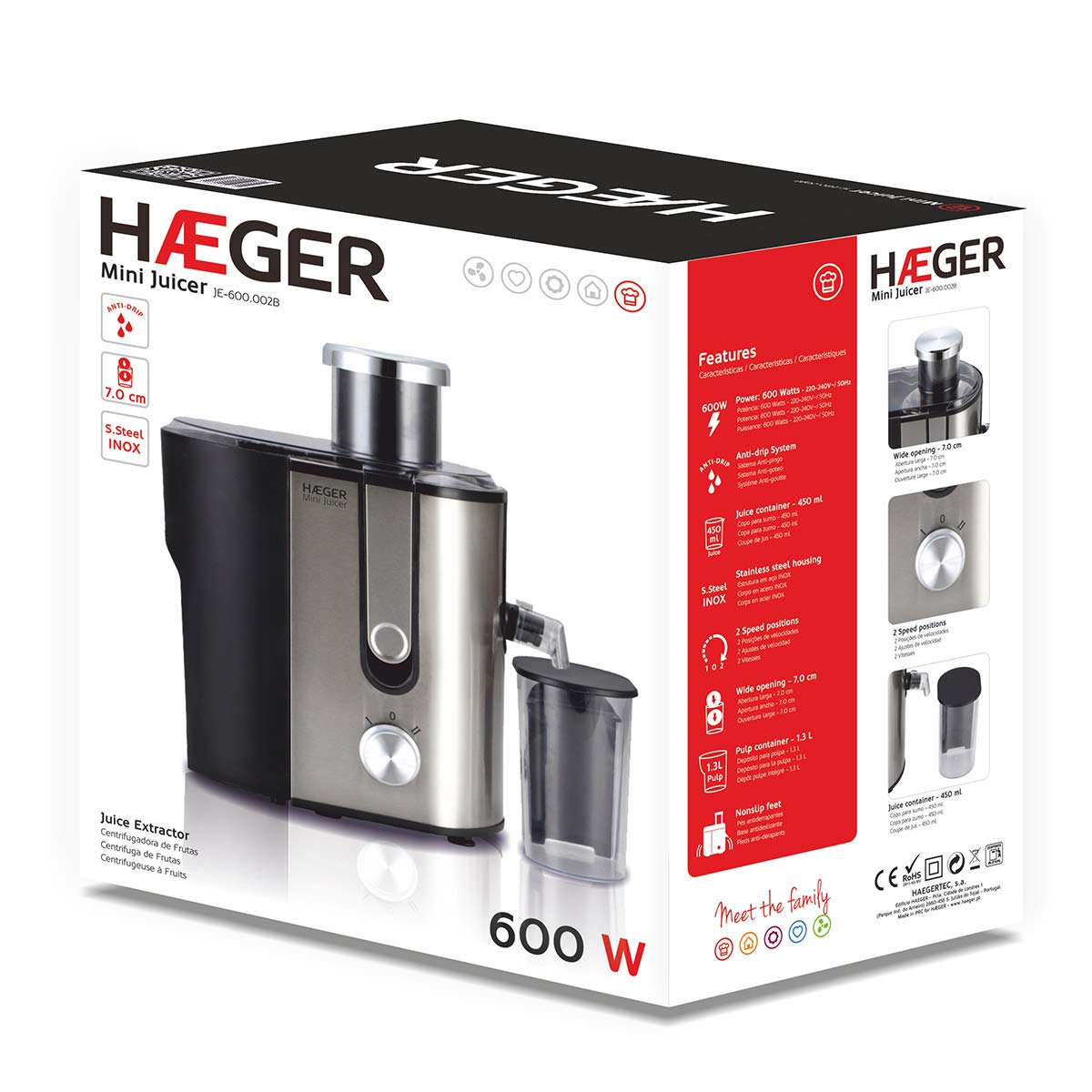 HAEGER MINI JUICER - Licuadora 600W de potencia, capacidad de 1,3L, 2 velocidades, Sistema anti-goteo, pedal de enclavamiento, base antideslizante, Cuerpo en INOX
