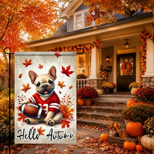Image of BlissYard Fall Garden Flag 12x18 Inch Bulldog Football Hello Autumn Decor | Double sided polyester, fall bulldog football design, Thanksgiving decorations for yard and seasonal outdoor display