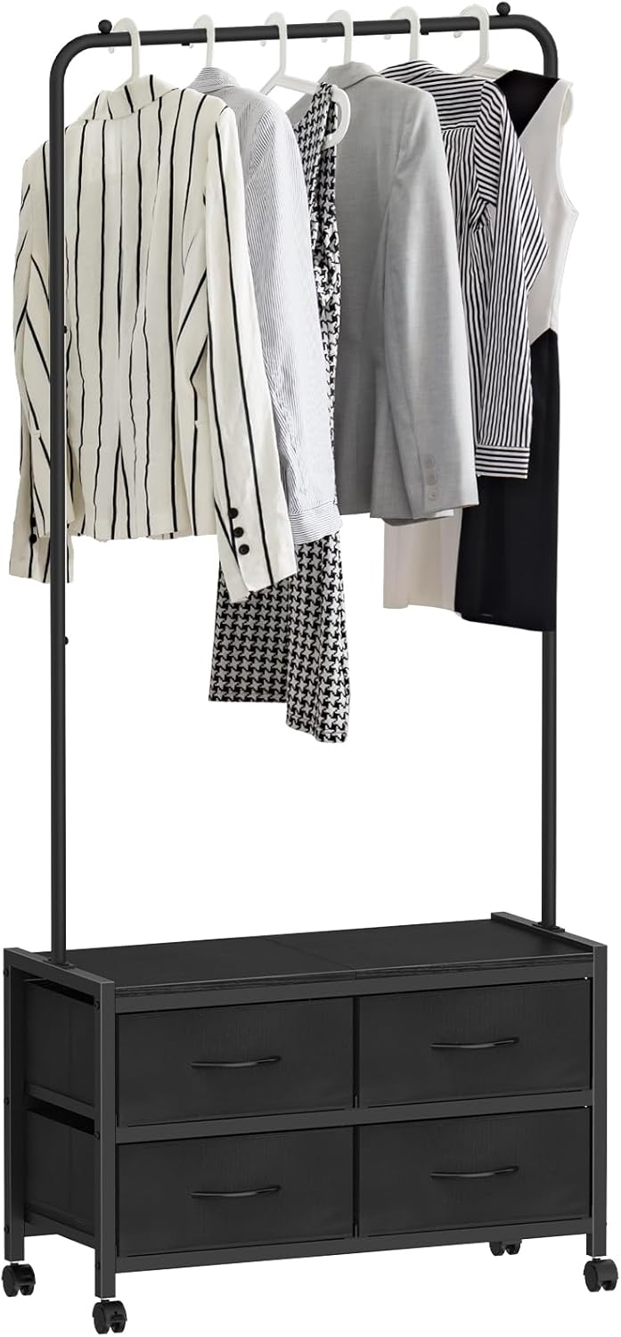 Entryway Organizer,Standing Coat Rack with 4 Drawers,Freeestand Small Clothes Hanger Rack with Clothing Rack with Partitions,Extra Hanger Space for Bedroom,Living Room,Black