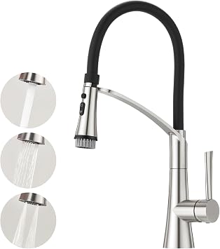 CREA Kitchen Tap With Pull Down Dual Function Sprayer, 360  Swivel Sink Mixer, Single Lever, Black Silicone Hose, Stainless Steel