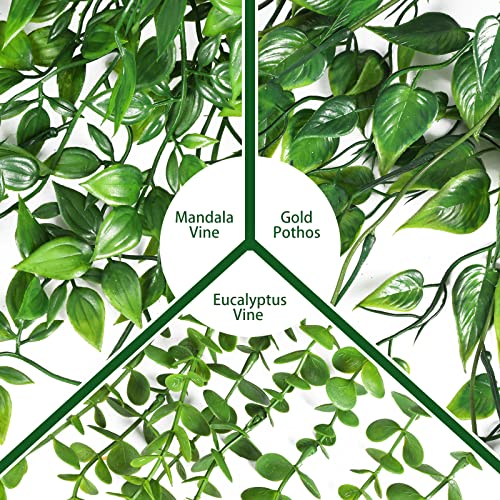 Jpsor 3Pcs Fake Hanging Plants, Artificial Hanging Plants Kit, Potted Greenery Faux Eucalyptus Vine Golden Pothos Mandala Vine In Black Pot For Wall Room Patio Office Table Decor #TOP2