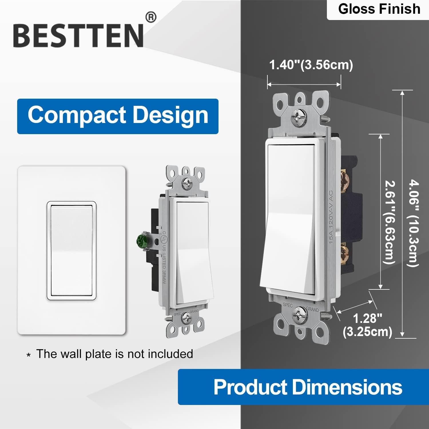 [10 Pack] BESTTEN Single-Pole Decorator Wall Light Switch, 15A 120/277V, On/Off Rocker Interrupter, UL Listed, White