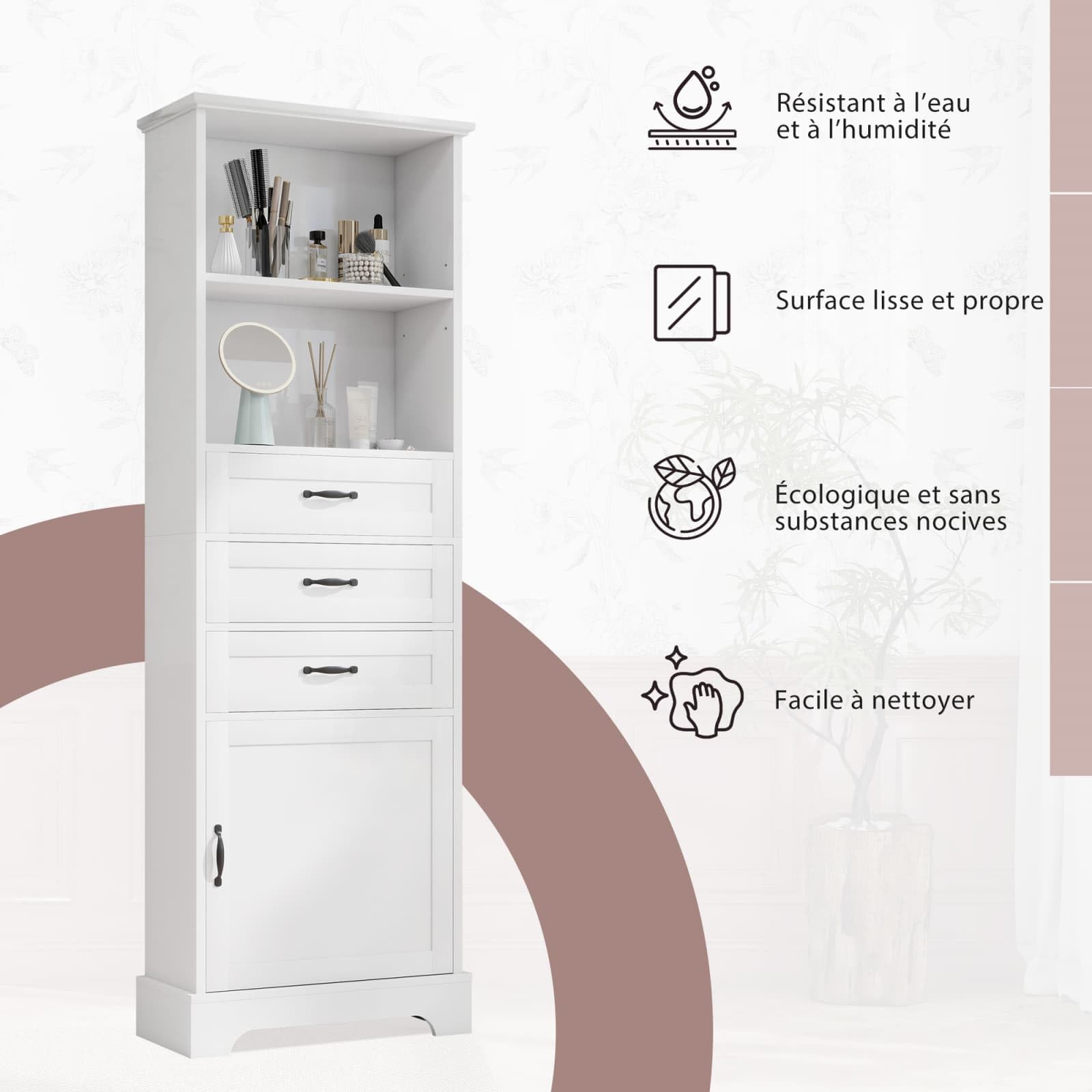 KOMHTOM Meuble d'angle Salle Bain 57.7x46x167.5cm Armoire Rangement 3 Tiroirs 1 Porte Étagères Ouvertes Gain Place Maison MDF Blanc(Blanc - 57.7x46x167.5 cm (Modèle d'angle))