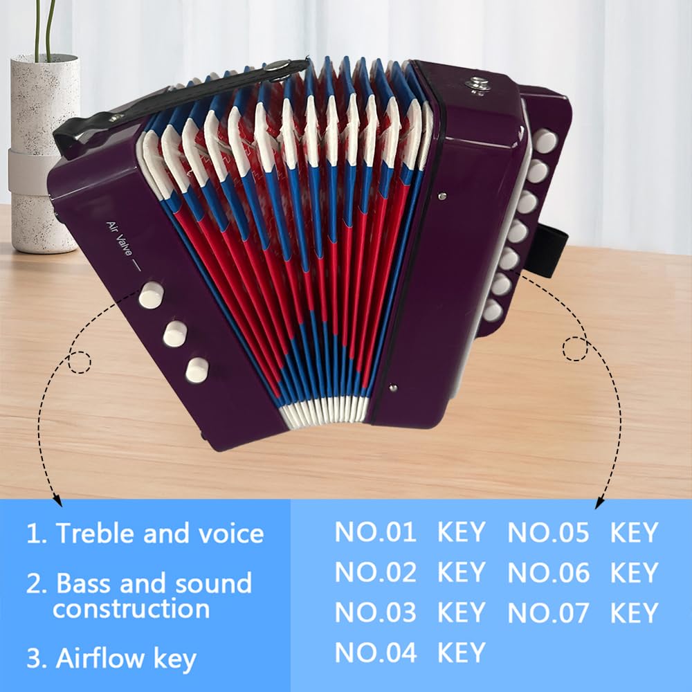 Mini fisarmonica a 7 tasti, 2 bassi, in ABS, strumento musicale per principianti, leggero, con pulsanti, fisarmonica, coordinazione occhio-mano, performance palcoscenico (viola)