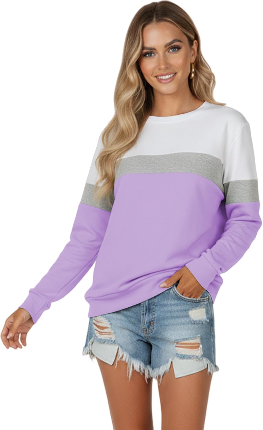 Sweatshirt for Women Color Block & Solid - Cozy Long Sleeve Crewneck Top | Soft Casual Fall Wear White Purple - Image 5