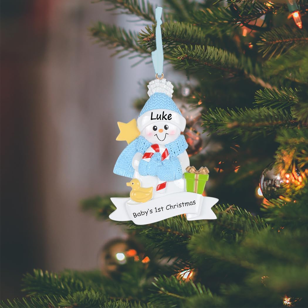 Snow Baby's First Christmas Ornament 2026 | Personalized Blue Snowman Boy with Duck Gift Box and Year Star Tree Decor - Newborn Son Grandson Baby Keepsake Gift image 2