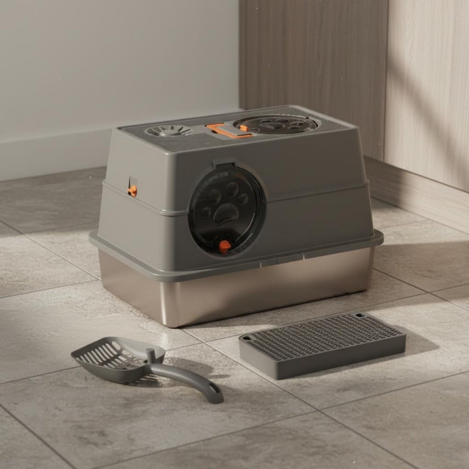 Caja de Arena para Gatos Contenedor de Arena Bandeja Arenero Acero Inoxidable con Tapa Envolvente y Compartimento Antiolor Superficie Suave Que No, Negro