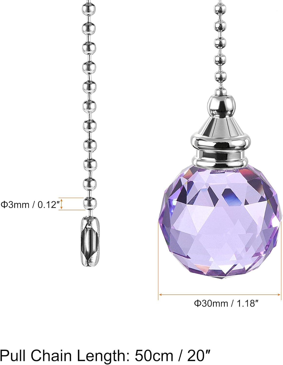 uxcell Ceiling Fan Pull Chain, 20 Inch Nickel Finish Chain Ornament Extension, 30mm Purple Crystal Ball Pendant