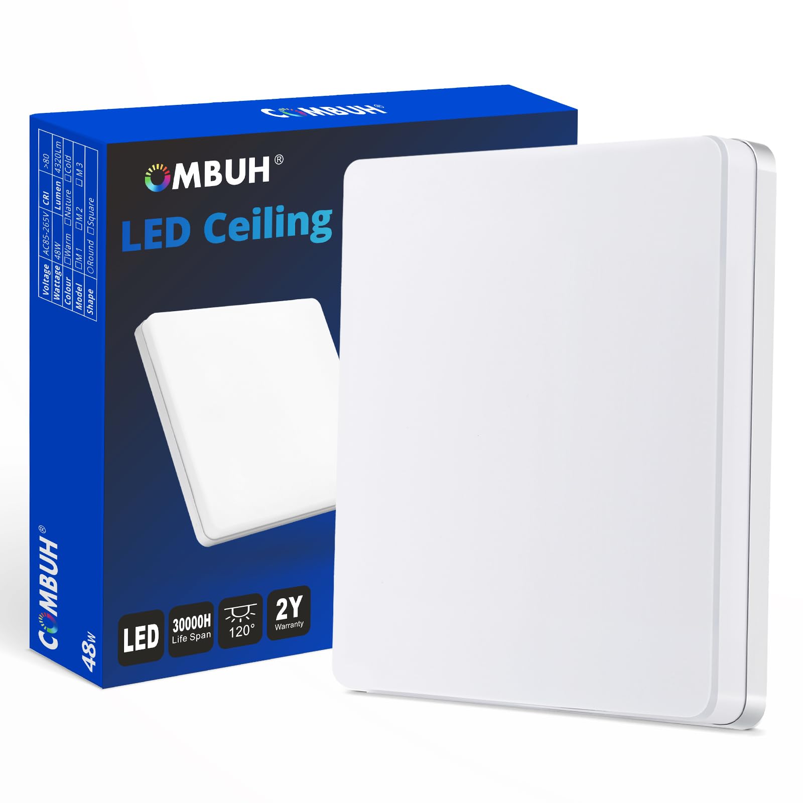 Combuh 30CM LED Flush Ceiling Light Natural White 4000K, IP44 Waterproof, Bright 48W Square Modern Lighting Fitting for Bathroom, Kitchen, Living Room, Roof, Office