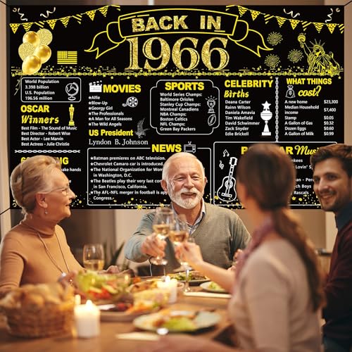 Image of DARUNAXY 60th Birthday Black Gold Party Decoration, Back in 1966 Banner 60 Year Old Birthday Party Poster Supplies Vintage 1966 Backdrop Photography Background for Men & Women 60th Class Reunion Decor