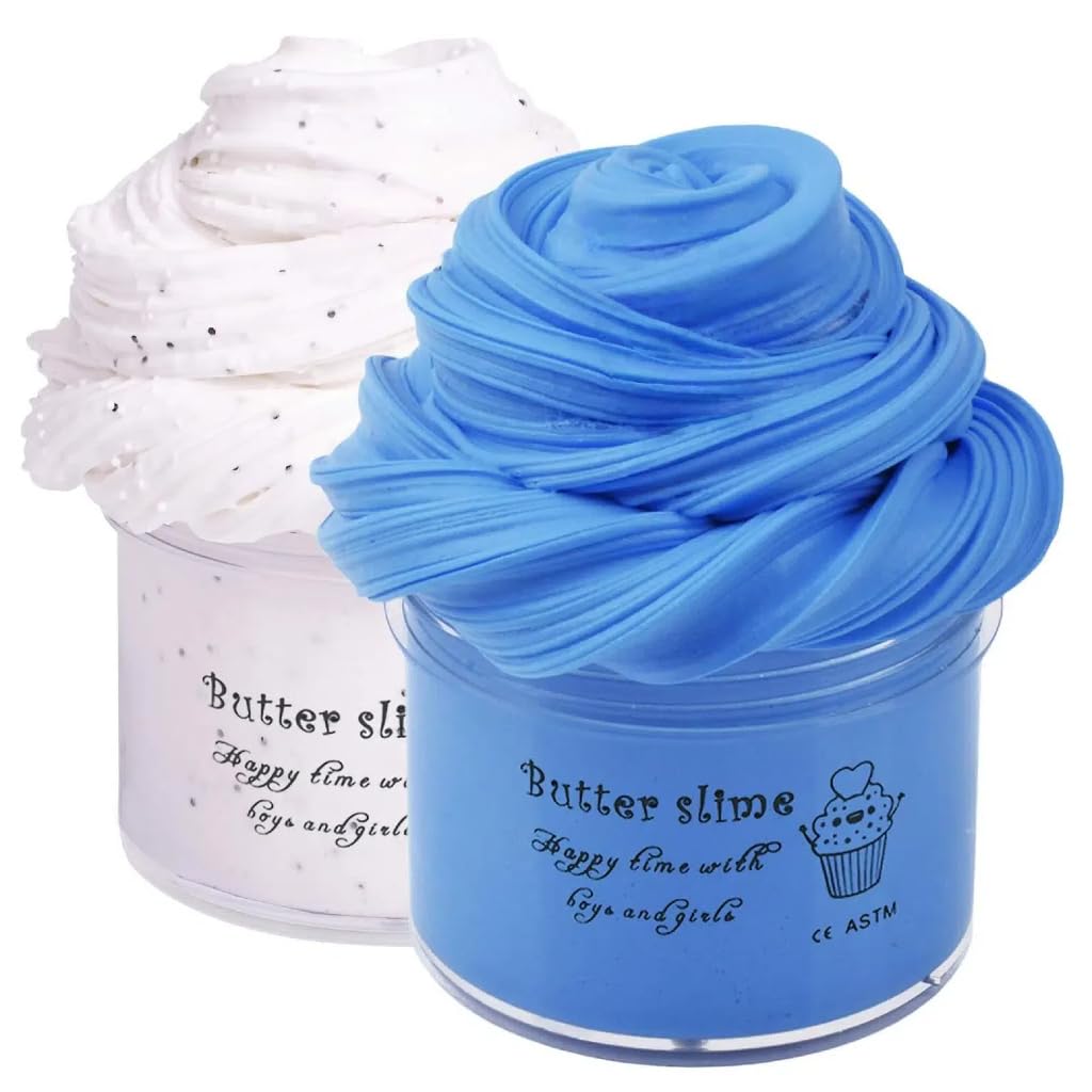 2 Pack Butter Slime Kit Soft Cotton Putty DIY Sludge Toys for Girls Boys Blue White Premade Butter Slime for Kids Party Favors(100ML Each*2)
