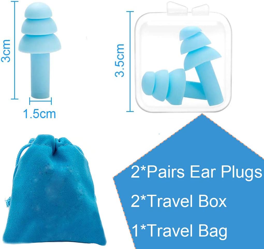 Reusable Silicone Ear Plugs, Noise Cancelling Waterproof Earplugs for Sleeping, Swimming, Snoring, Concerts, Sound Blocking 32dB Highest NRR, 2 Pairs with Travel Pouch : Health & Household