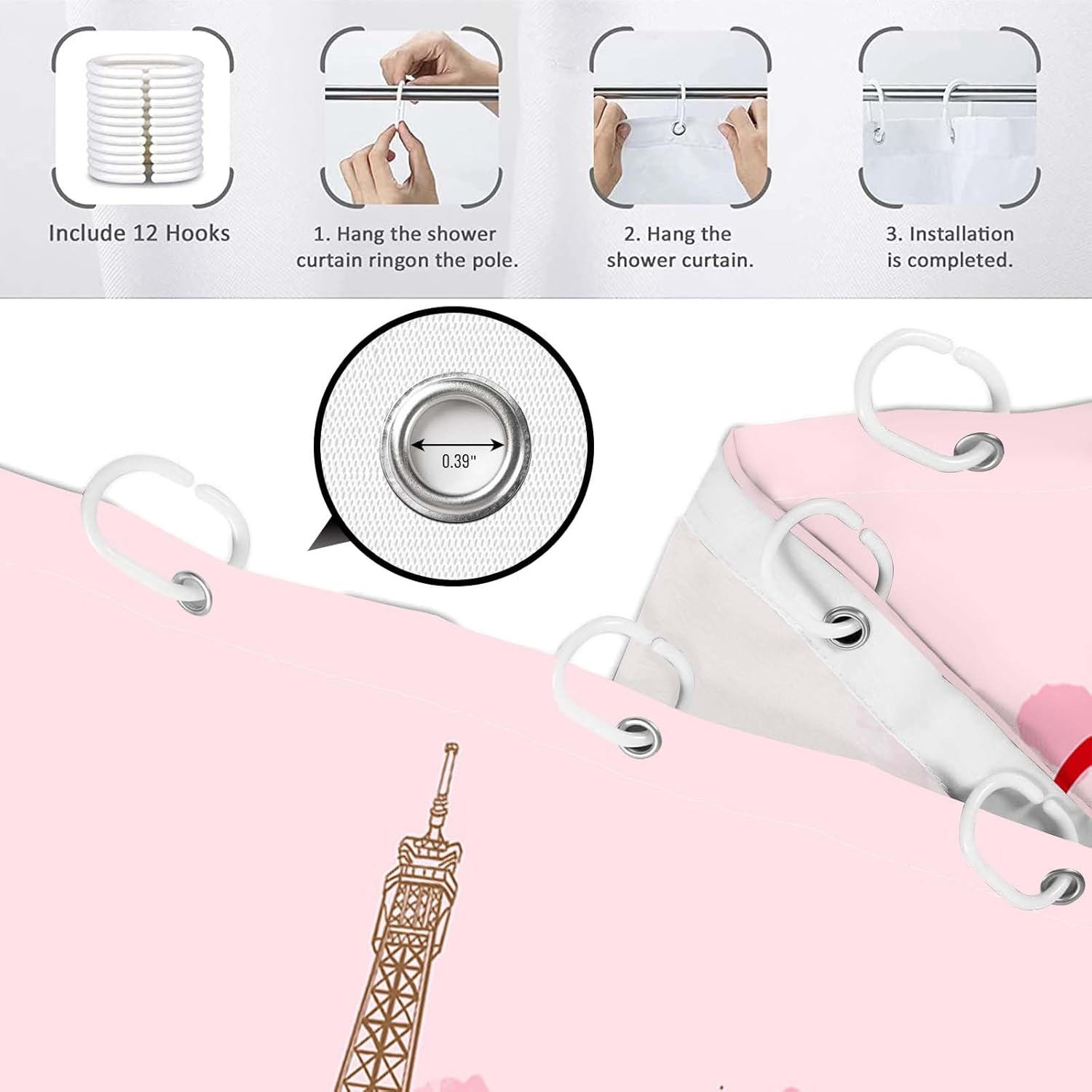 Pink Paris Shower Curtain for Girls Bathroom, France Eiffel Tower Art Modern Spring Shower Curtain Set Waterproof Bath Tub Curtain Decor with 12 Hooks, 72x72 inches