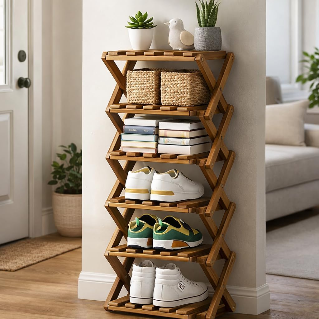 Bamboo Rack for Shoes, Bamboo Shoe Rack 6 Tier, Foldable Narrow Shoe Organizer Shelf for Entryway, Closet, Corner, Bedroom, Space-Saving Design, No Assembly Required (B-5layers)