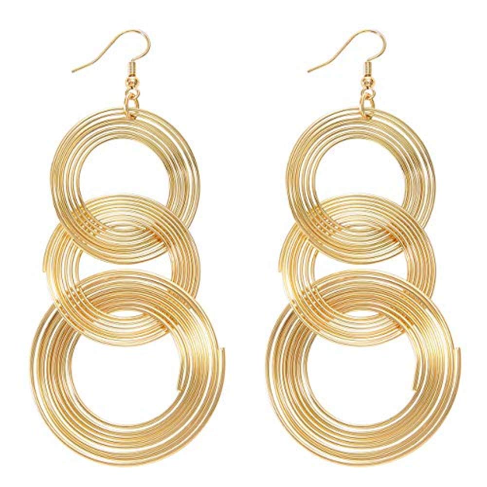 Women Gold Plated Long 70s Disco Earrings hoop round 3 circles Multi-layer drop big alloy geometric party wear Earring