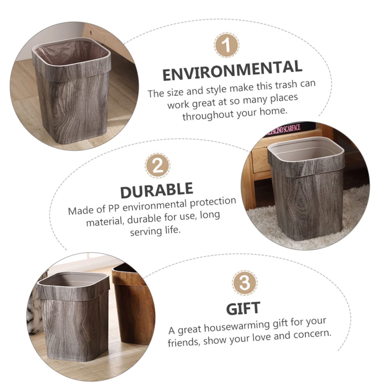 Levemolo Versatile Large Kitchen Trash Can Solid Wood Style Sturdy Waste Basket for Home Office Bedrooms Decor