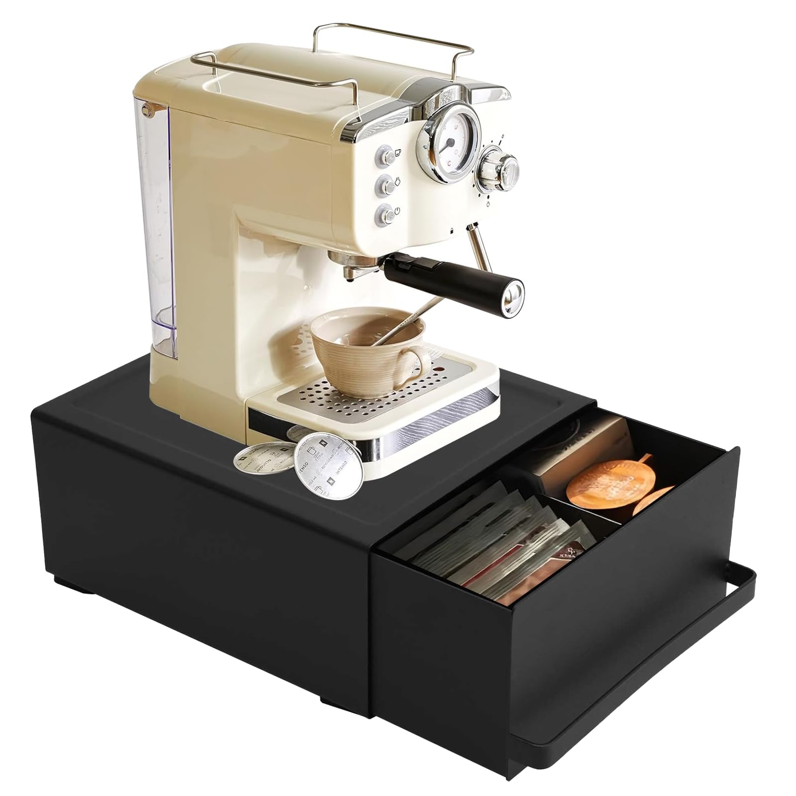 Porte-capsules de café, 27,5 x 22,2 x 11,5 cm, avec tiroir, fabriqué en acier au carbone, capacité de charge de 11 kg, organisateur de café pour machine à café, mixeur, bouilloire