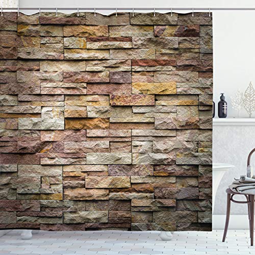 Ambesonne Marble Shower Curtain, Urban Brick Slate Stone Wall with Rocks Featured Facade Architecture Town Picture, Cloth Fabric Bathroom Decor Set with Hooks, 84  Long Extra, Light Brown