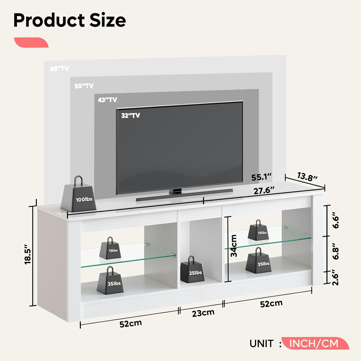 Diagram showing the dimensions of the Bestier TV stand and recommended TV sizes.