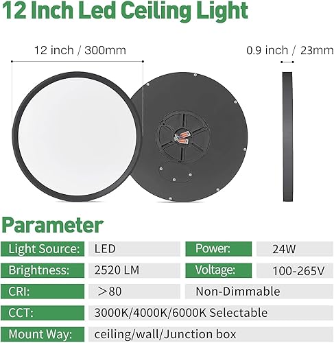 Miniatura 5 de 4PK Lámpara LED de techo empotrada de 12 pulgadas, 24W, 2520LM, 3000K4000K6000K CCT seleccionable, luz de panel plano redonda de perfil bajo,