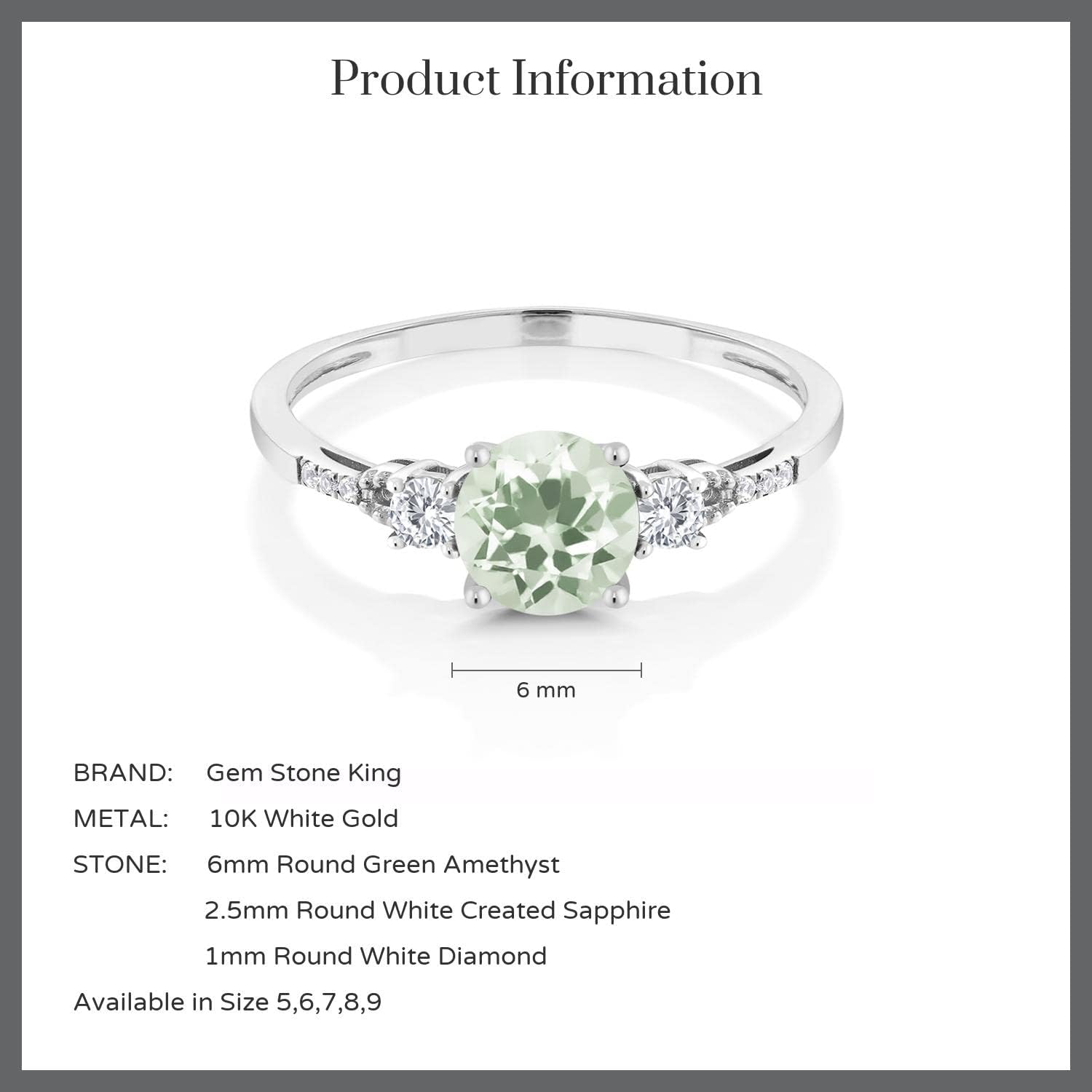 Gem Stone King 10K White Gold Green Prasiolite White Created Sapphire and White Diamond Accent 3-Stone Engagement Ring For Women (0.94 Cttw, Round 6MM, Gemstone Birthstone)