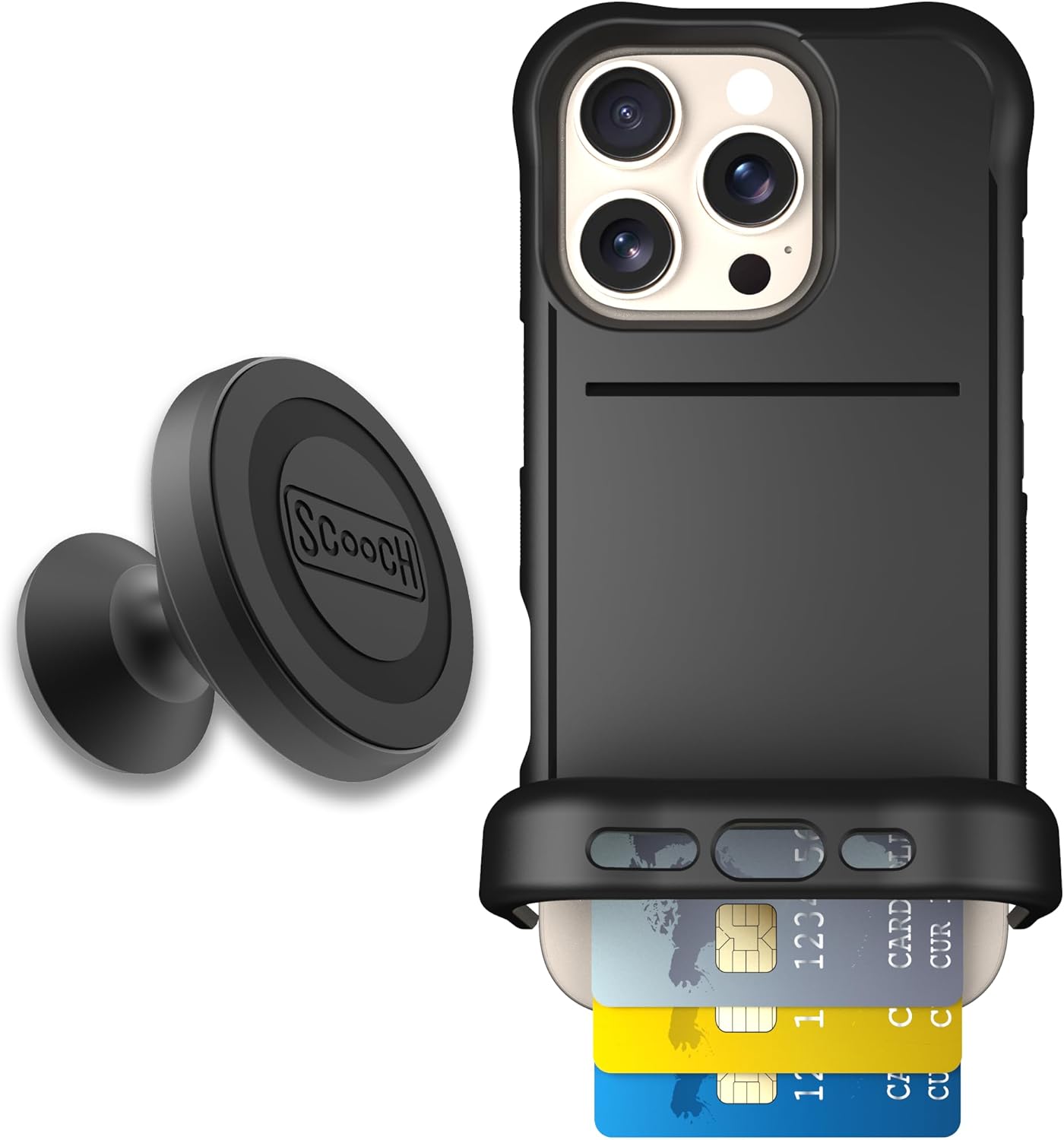 Scooch for iPhone 16 Pro Case with Card Holder, Wingmate Wallet Case with Hidden Card Slot and RFID Protection for up to 4 Cards, 10-Foot Drop Protection, Wingmount Bundle Black