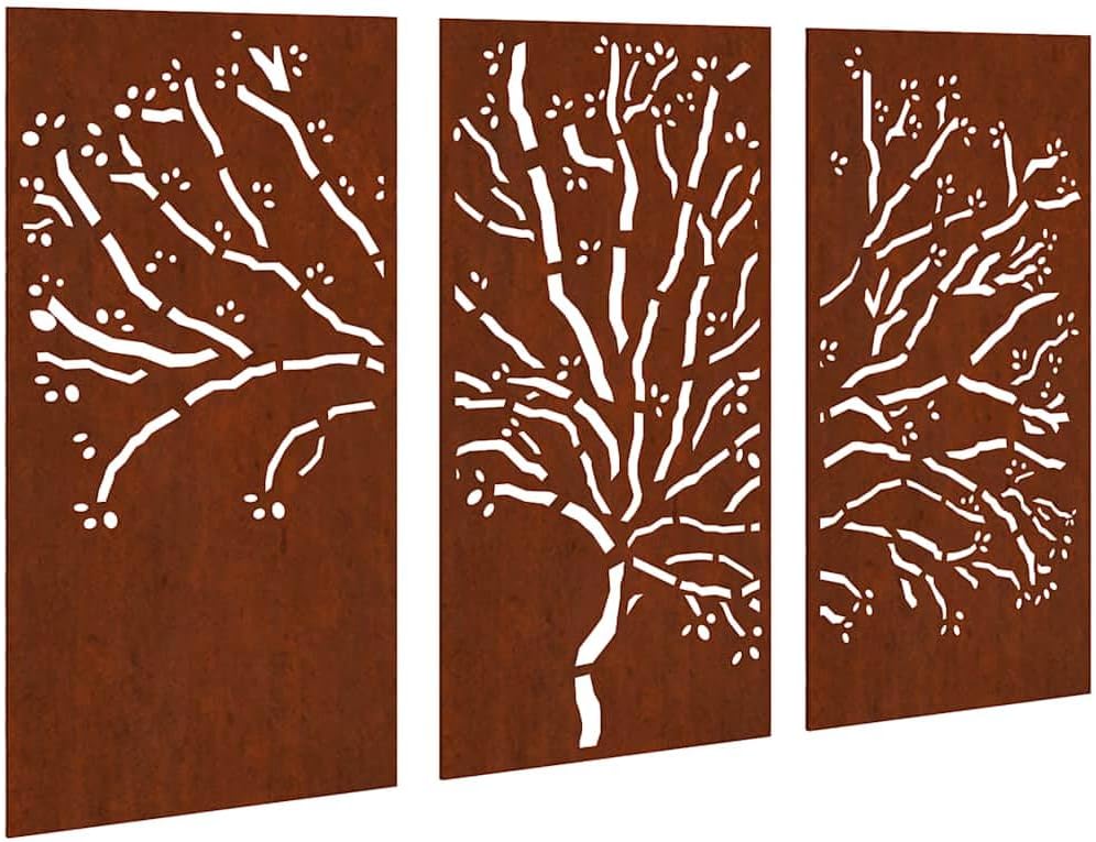 vidaXL Rustic Corten Steel Patio Wall Decorations, Set of 3, Tree Branch Design, Weather Resistant, Easy Installation, Garden Wall Art 41.3 x 21.7 Inches