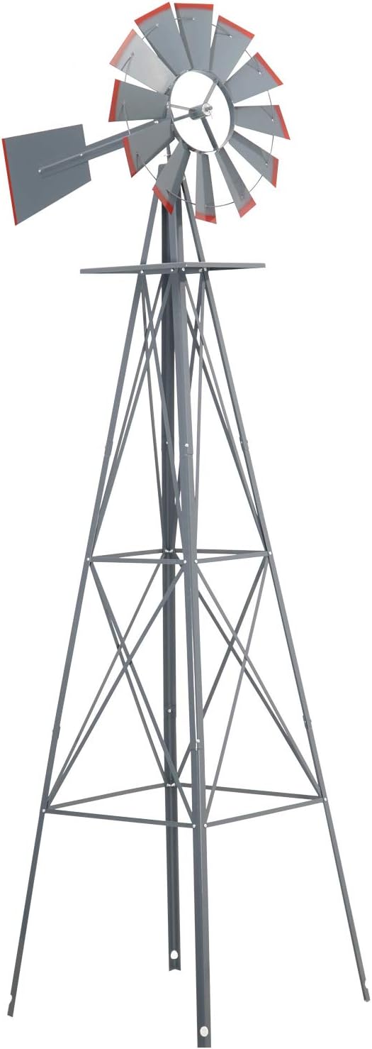 Crownland8FT Ornamental Windmill Backyard Garden Decoration Weather Vane, Heavy Duty Metal Wind Mill Weather Resistant 4 Legs Design (Grey)