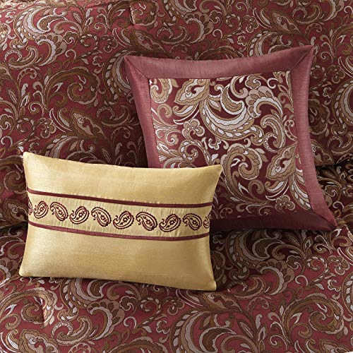 Image of Madison Park Essentials Brystol 24 Piece Room in a Bag Faux Silk Comforter Jacquard Paisley Design Matching Curtains Down Alternative All Season Bedding-Set, Cal King(104 inchx92 inch), Red | Matching Curtains Room in a Bag, Down Alternative Bedding Set, All Season, Machine Washable, Wrinkle Resistant, Ultra Soft