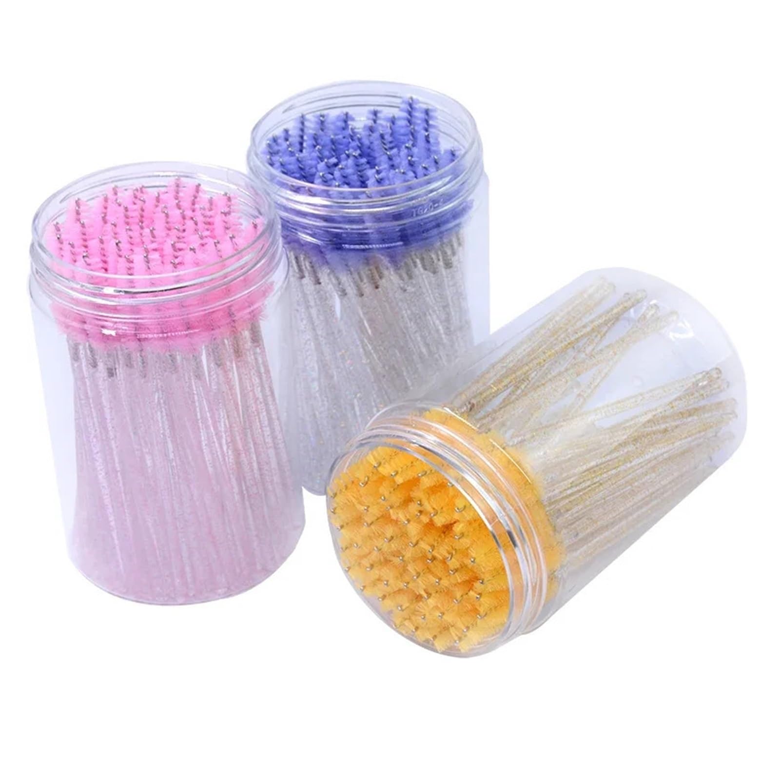 100 cepillos de pestañas desechables para extensiones de pestañas con estuche contenedor (morado en botella2)