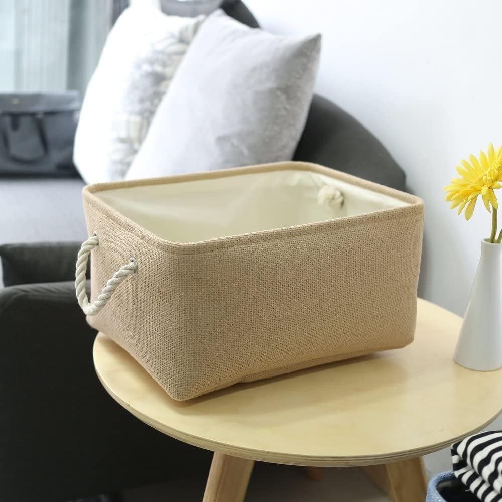 EAUSO Decorative Basket Rectangular Small Storage Basket Fabric Storage Bin Organizer Basket with Handles for Clothes Storage (11.8 ×7.9 ×5.2 Inch) Linen,Collapsible Storage Bin