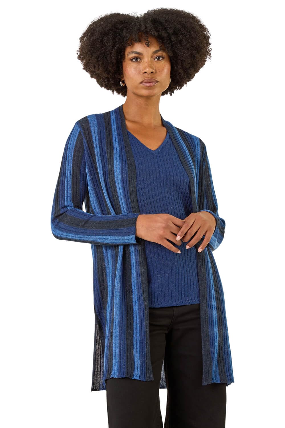 Roman Originals Stripe Ribbed Knit Cardigan for Women UK - Ladies Everyday Autumn Winter Comfy Soft Evening Vacation Work Party Night Out - Navy - Size 10