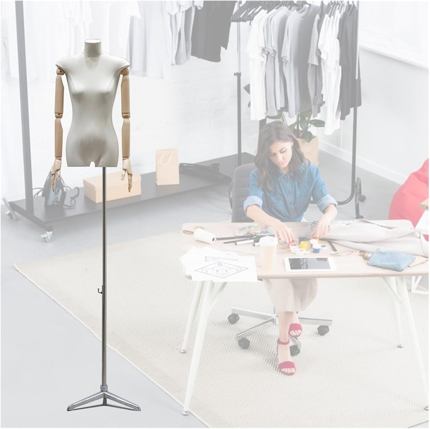 Adjustable Female Mannequin Torso with Solid Wood Arms - 52-76 Inch Dress Form for Sewing, Clothing Display, Jewelry Shops & Retail Stores, Ideal for Fashion Merchandising
