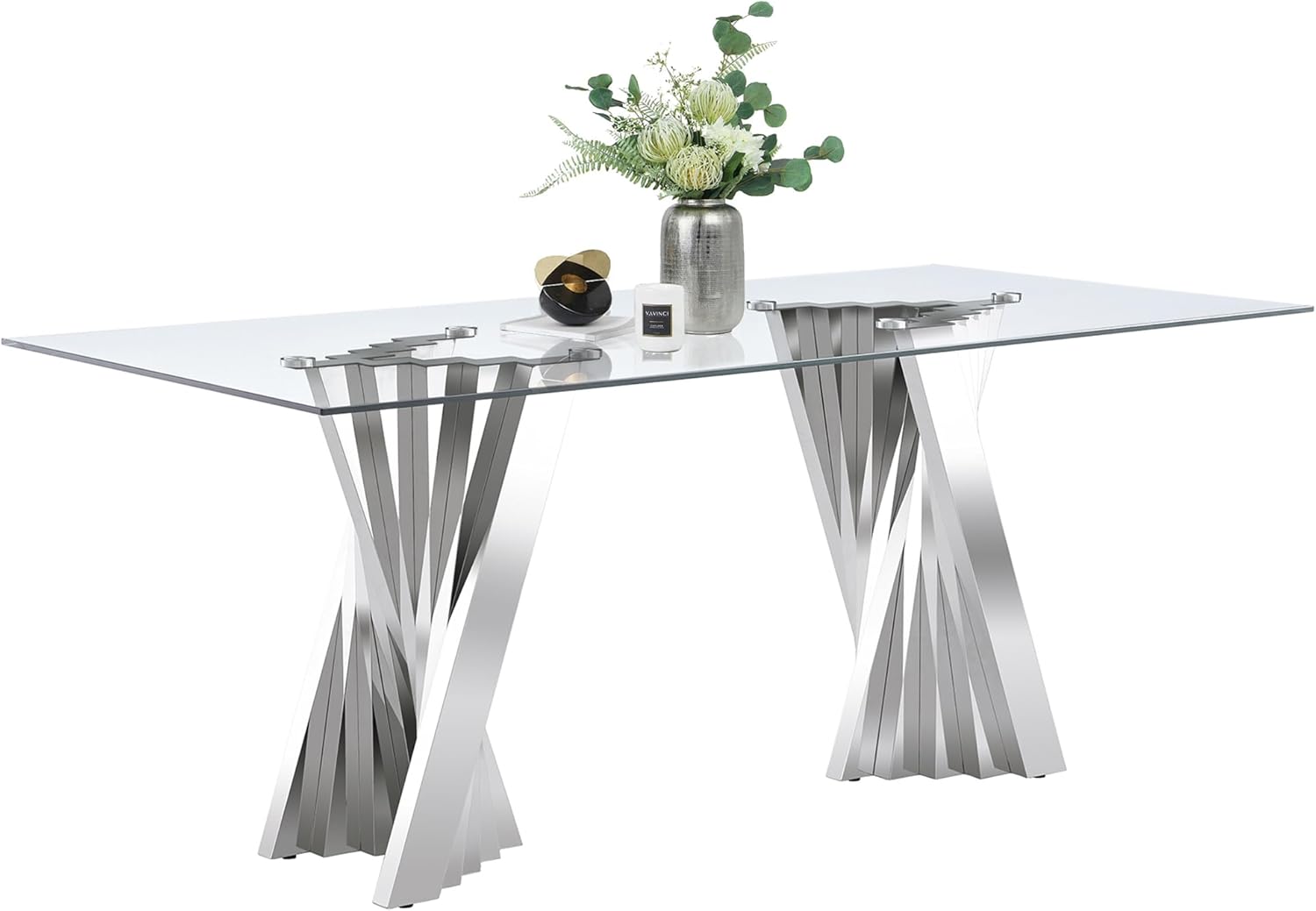 Glass Coffee Table,Modern Rectangular Coffee Table,Luxury Highlight Tempered Glass Top Center Tables Dining Table with Silver Mirror Finish Stainless Steel Base for Home Living Room Furniture