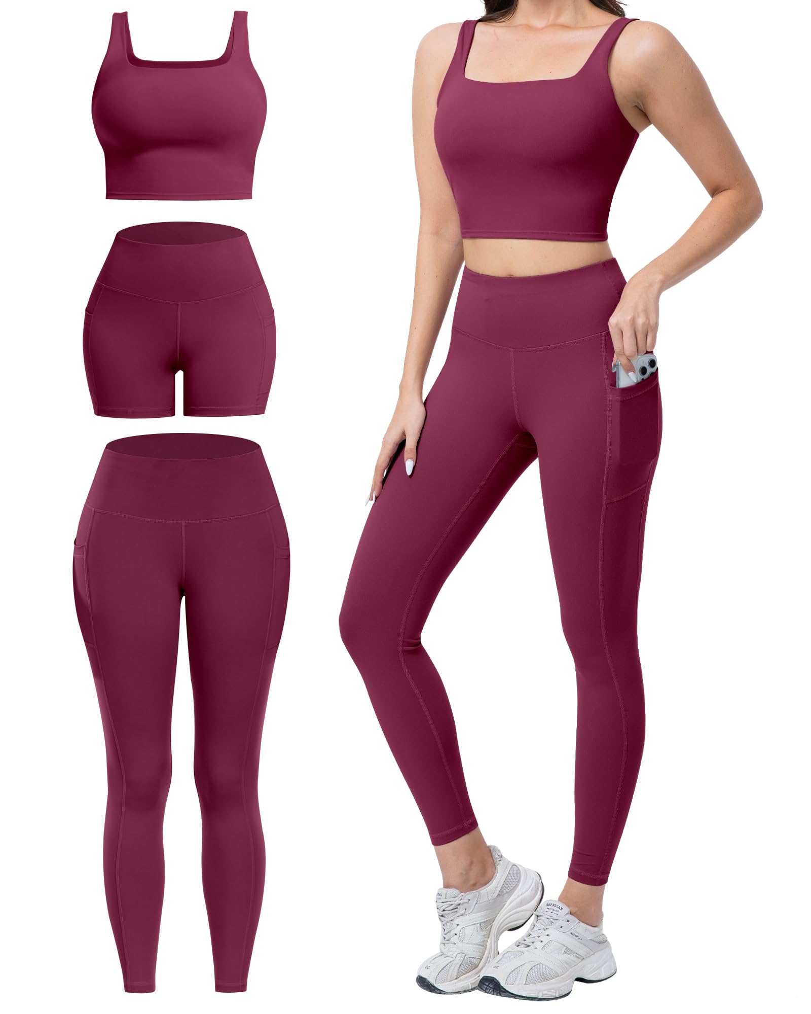 Photo 1 of SALSPOR 3 Piece Workout Sets for Women High Waisted Leggings with Pockets Tummy Control Biker Shorts Yoga Sports Bra(3YFTZ-Burgundy-M)