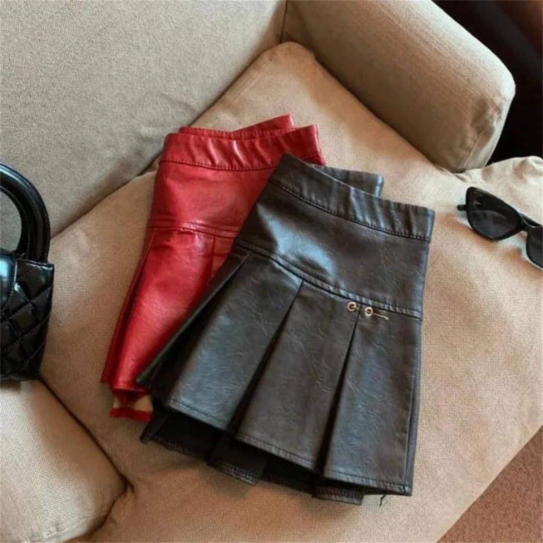 Kelsiop Falda plisada de piel sintética para mujer, corte ajustado, cintura alta, color rojo y negro