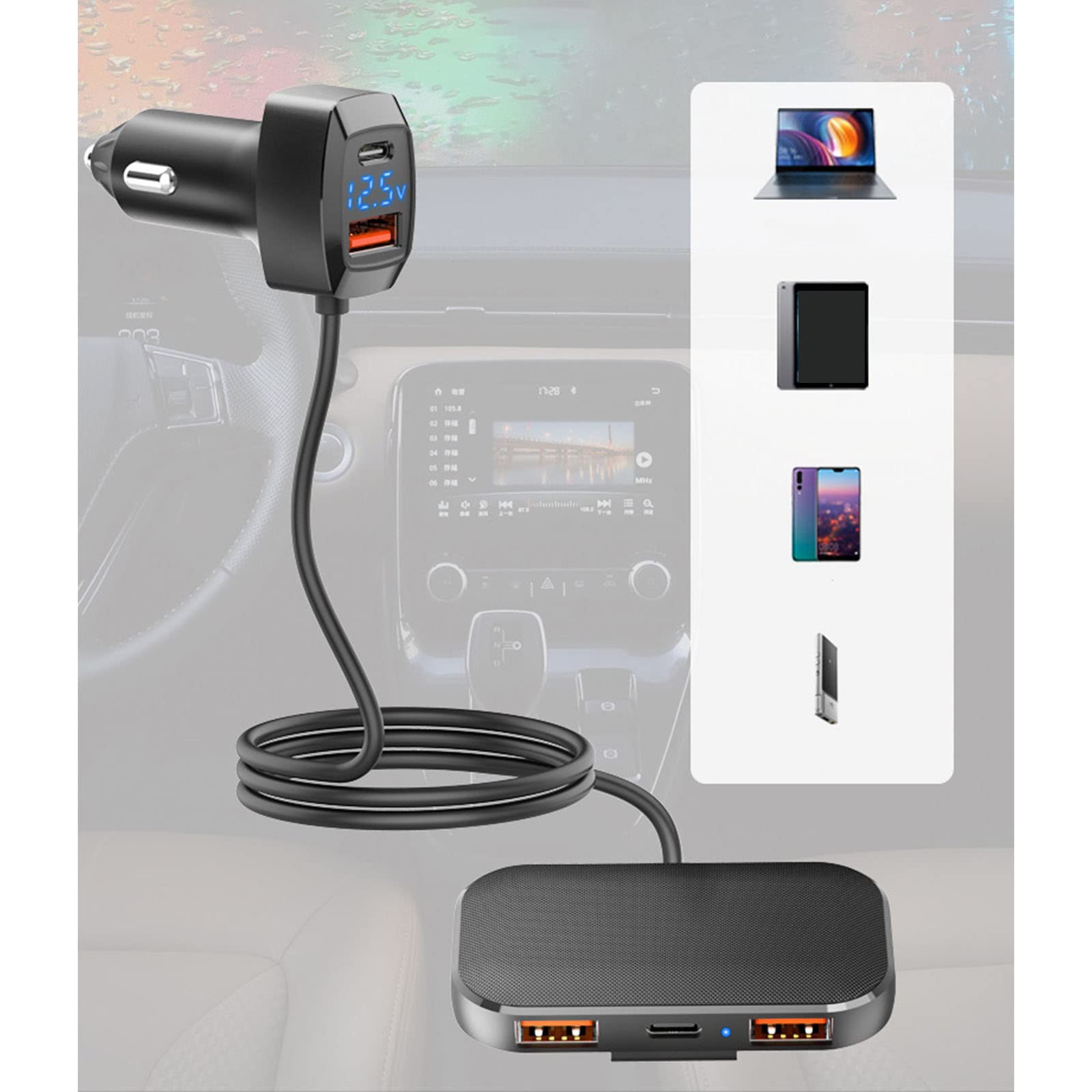 Adaptador de cargador de coche USB de 5 puertos múltiples para múltiples dispositivos, adaptador de coche con cable para carga de asiento trasero, adaptador de cargador de coche de 5 puertos