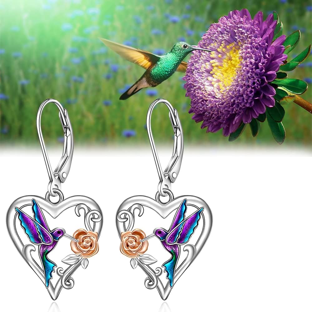 Hummingbird Earrings for Women Purple Hummingbird Earrings Dangle Sterling Silver 925 Cute Heart Bird Flower Jewelry Christmas Mothers Day Gifts - Image 7