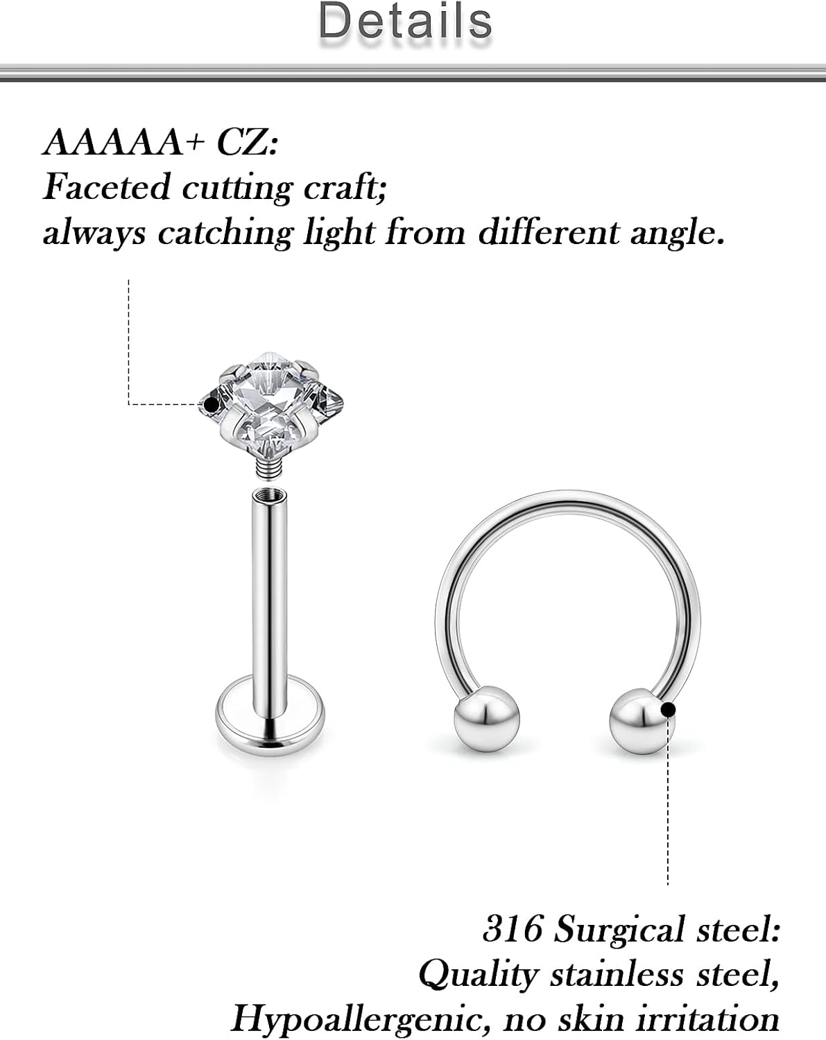 16G Lip Labret Medusa Monroe Piercing Jewelry Internally Threaded Surgical Steel Snake Bites Lip Rings Hoops Flat Back Cartilage Tragus Helix Conch Earring Stud 6mm 8mm 10mm Bars - Image 3