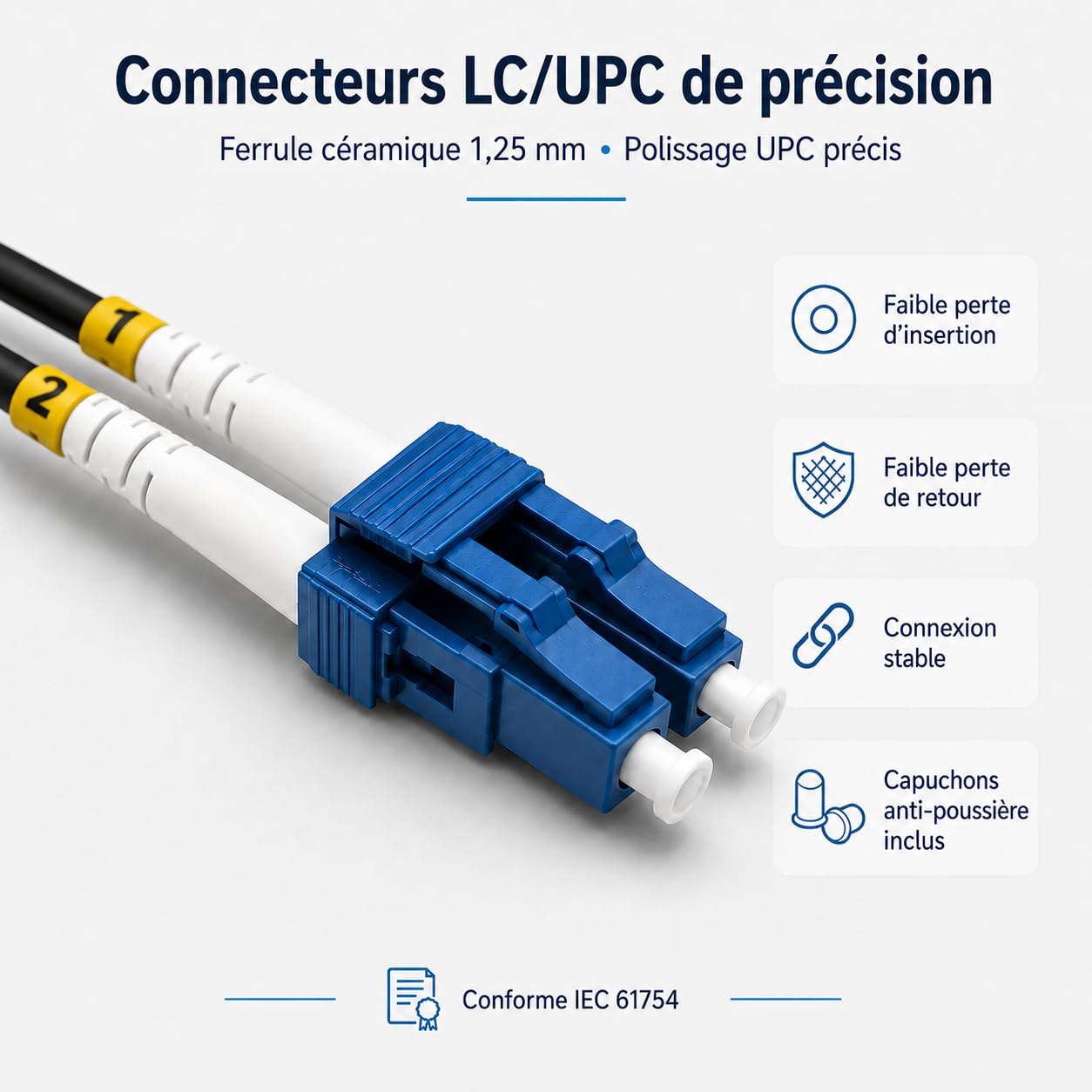 Câble Fibre Optique Armé 70m Blindé en Acier pour Intérieur et Extérieur, LC/UPC vers LC/UPC, OS2 Duplex Monomode 9/125 µm, G.657.A2, LSZH RoHS, Faible Perte, Noir
