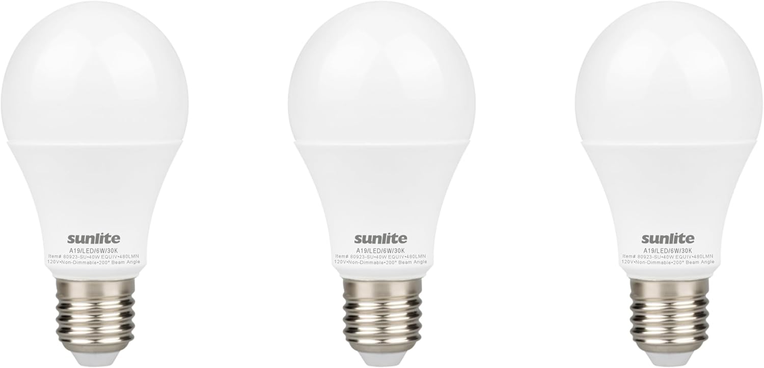 Sunlite LED A19 Light Bulb, 6 Watts (40 Watt Equivalent), 480 Lumens ...