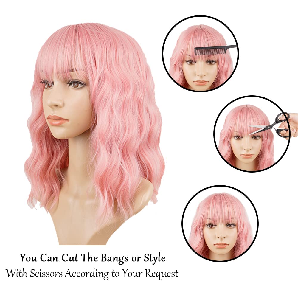 Pink Wavy Wigs With Bangs Short Bob Wig for Women Curly Synthetic Cosplay Wig for Girls Daily Use Colorful Wigs(14 Inch,Pink) - Image 3
