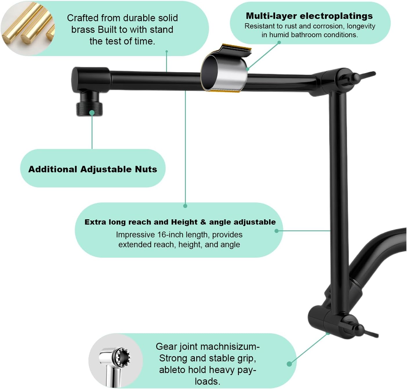Shower Head Extens Arm, 16 Inch Solid Brass Adjustable Extender with