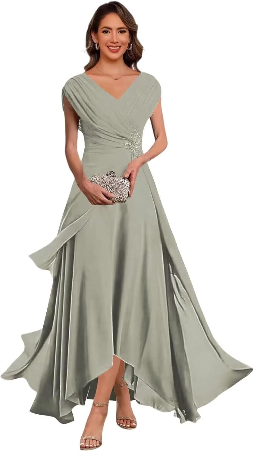Tea Length Mother of The Bride Dresses for Women Cap Sleeves Appliques Pleated V-Neck Formal Wedding Guest Gowns
