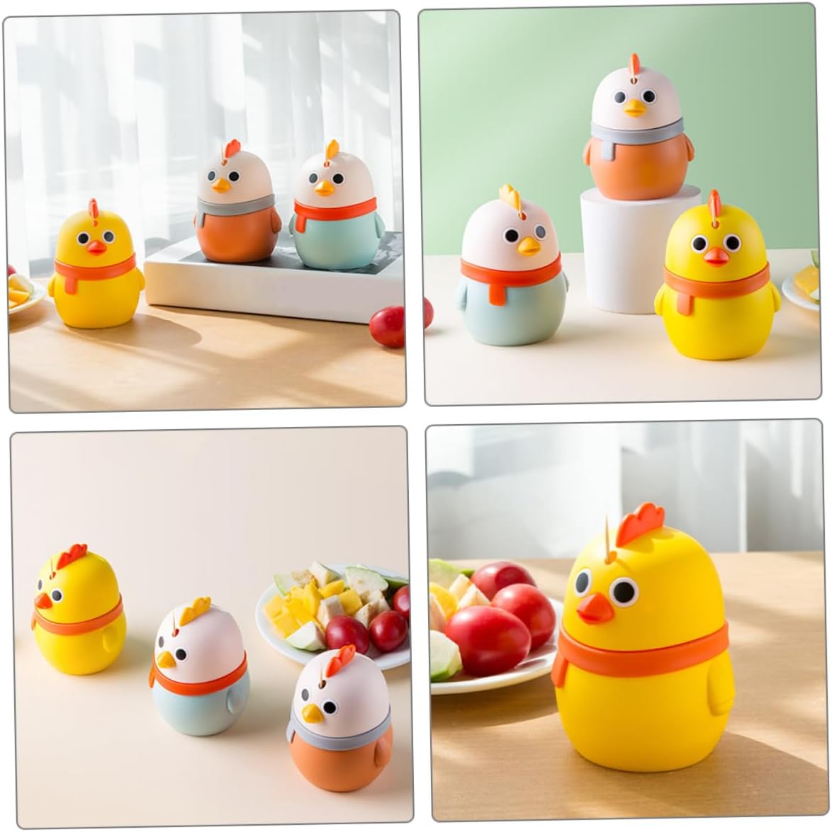3pcs Cartoon Press-type Toothpick Holders Desktop Toothpick Storage Case Cute Chicken Design in Blue, Orange, and Yellow for Home Kitchen Table Accessories