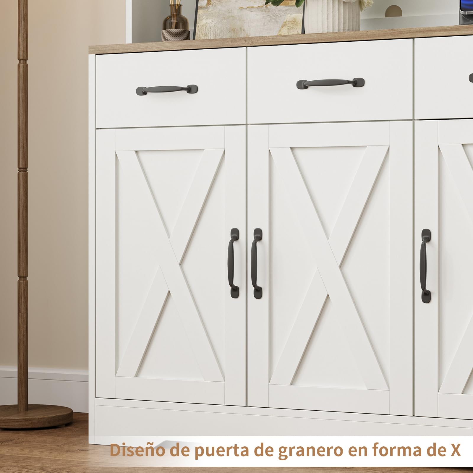 FUSOU Alacena de Cocina 180 cm con Enchufes Integrados, Armario de Cocina con Encimera, 3 Cajones y 4 Puertas, Mueble Auxiliar Estilo Rústico para Comedor, Blanco