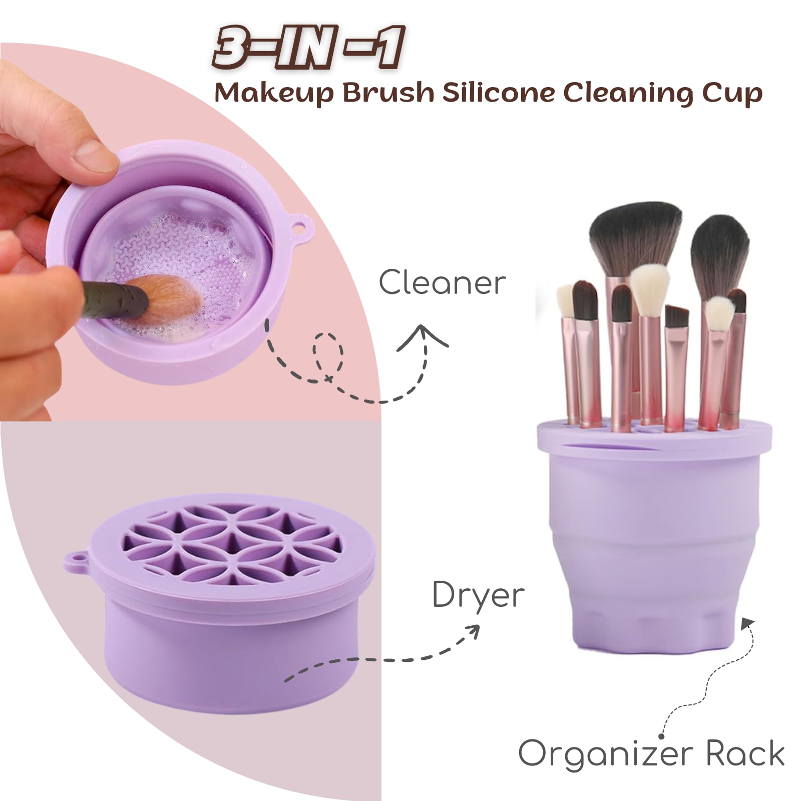 3-IN-1 Silicone Makeup Brush Cleaner & Holder - Portable Folding Washing Tool,Travel-Friendly Brush Cleaner Mat for Brushes,Sponge,Powder Puff - Cosmetic Brush Cleaning & Drying Organizer-Purple