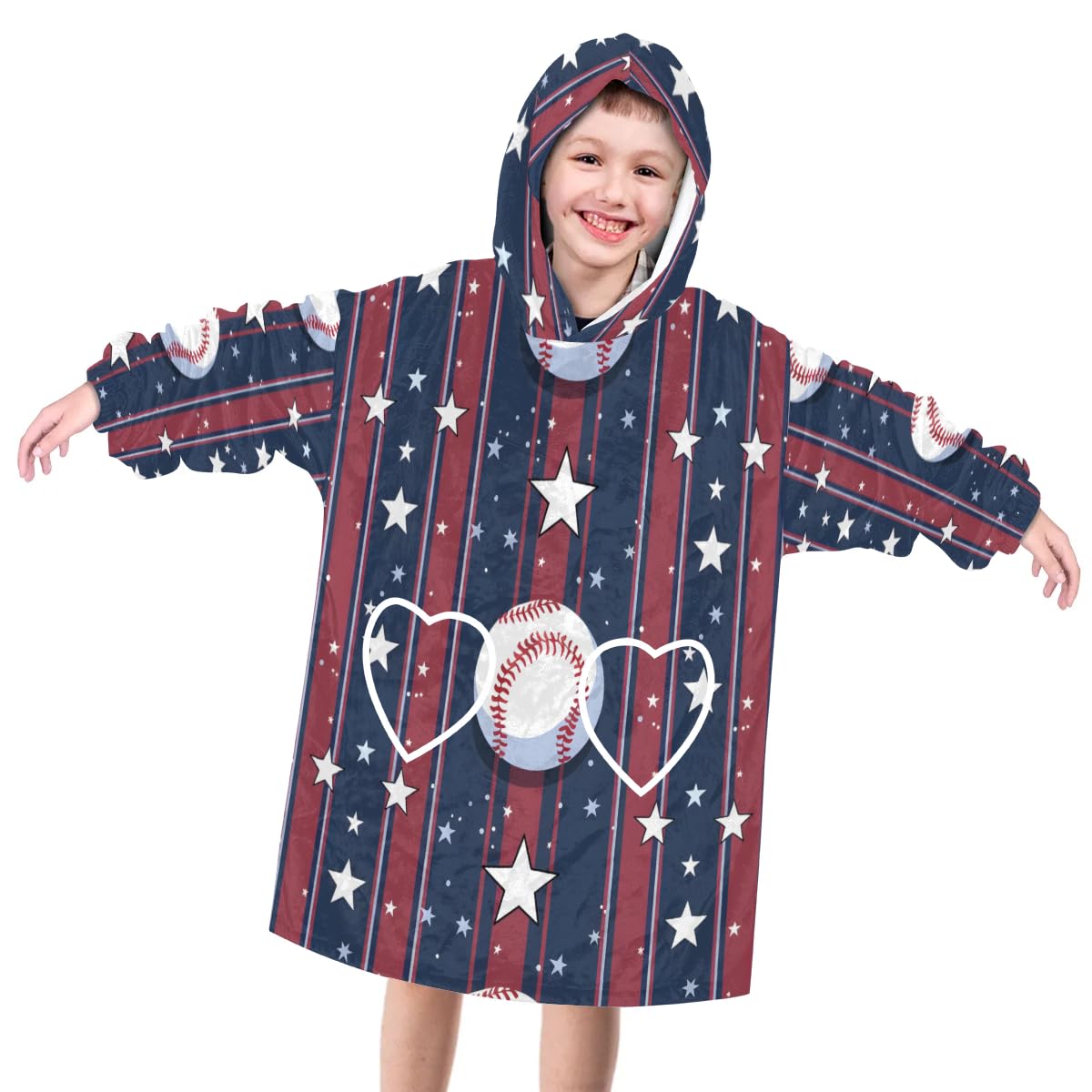 Pardick Wearable Blanket Hoodie for Kids, Star Baseball Fleece Sweatshirt Blanket Oversized Blanket Sweatshirt with Pocket Flannel Warm Hooded Blanket 6-10 Year Old Girl Boy Gift, One Size